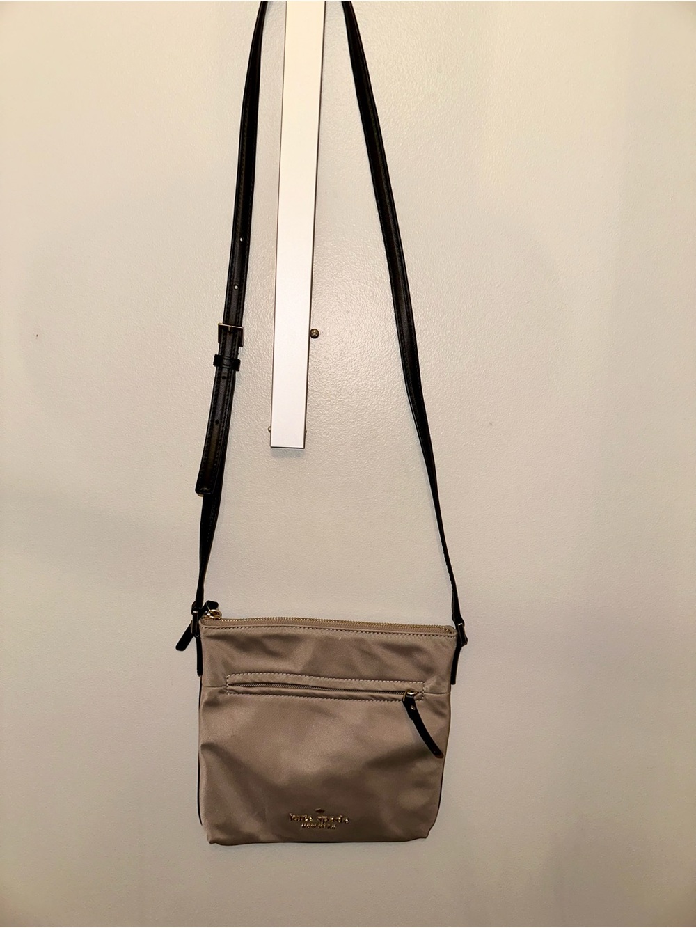 Kate Spade Pewter Gray Nylon Crossbody Bag Black Leather